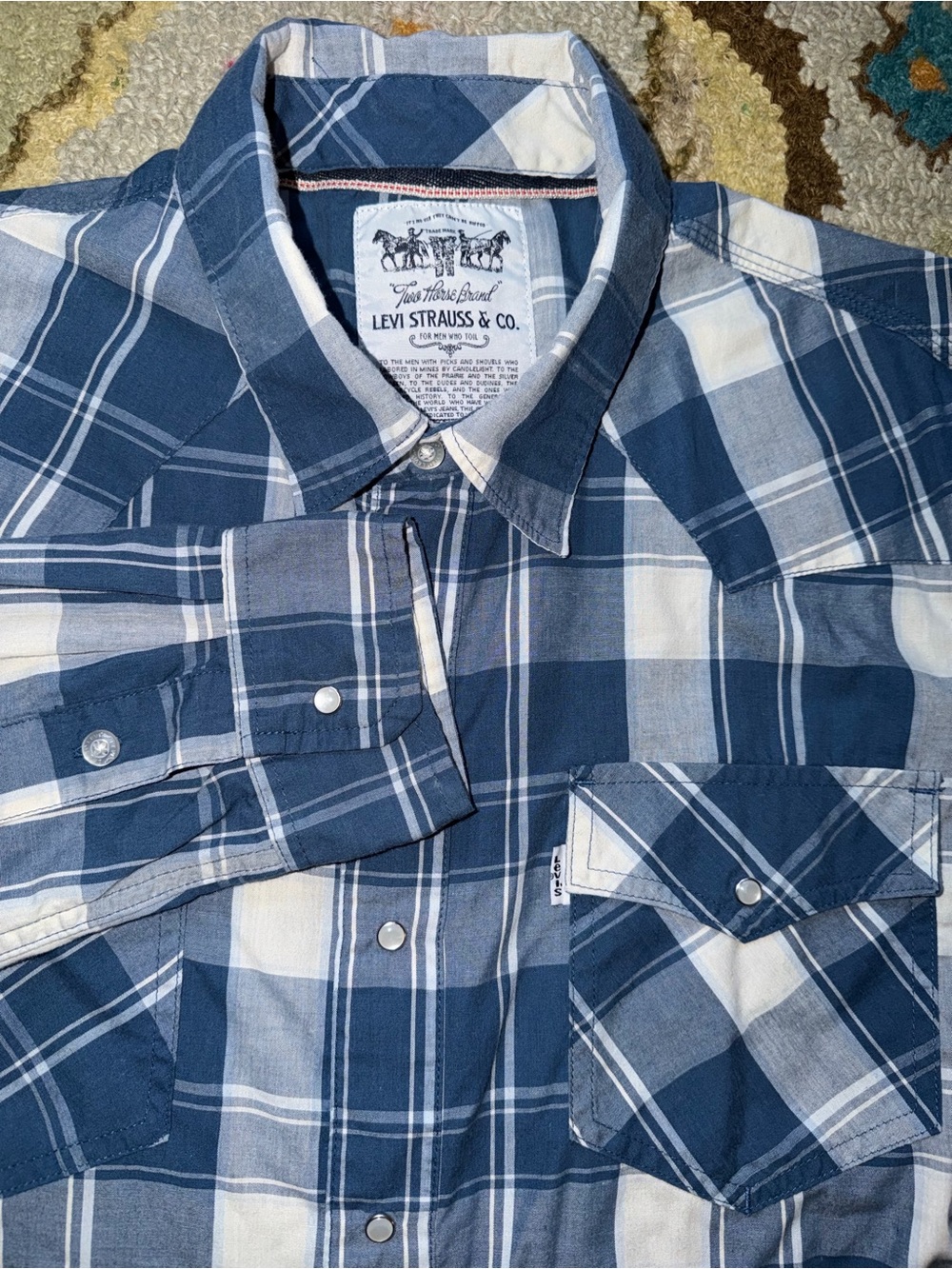Levi's Premium Mens Western Pearl Snap Shirt Plaid Blue White Long Sleeve Size L